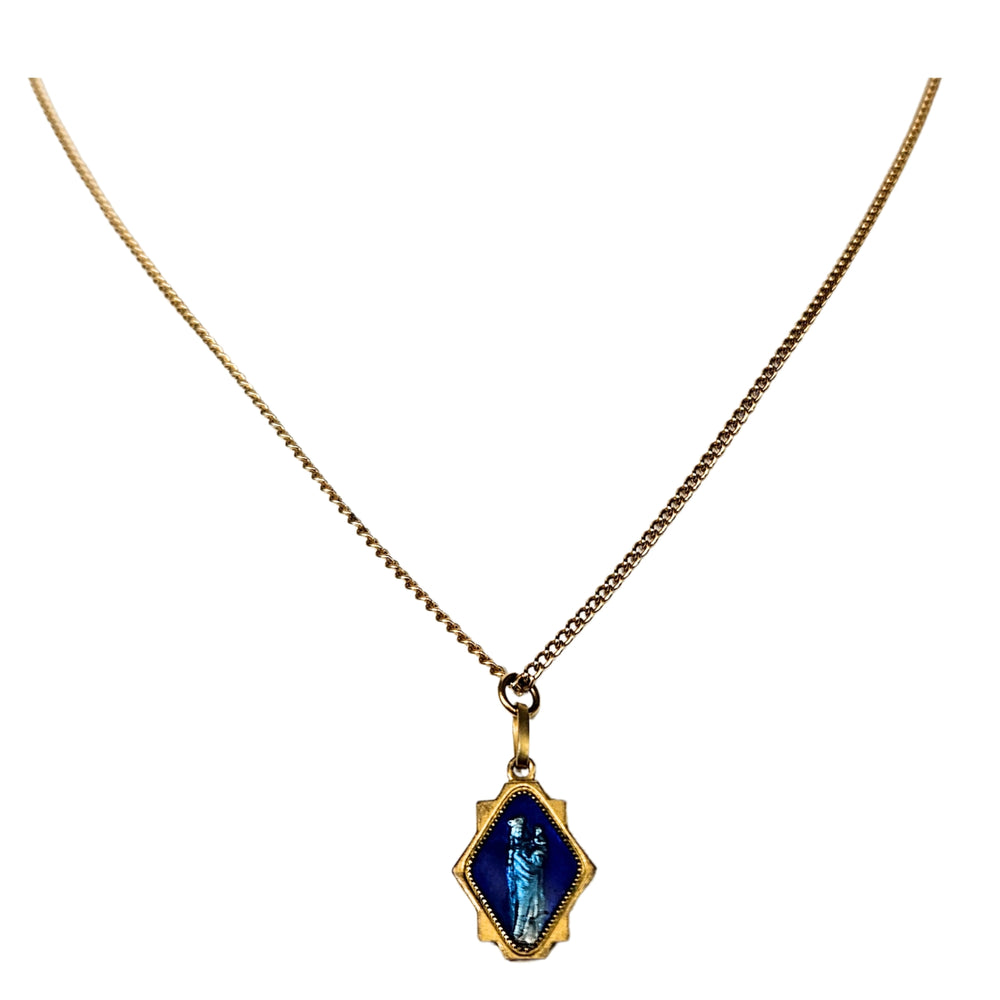 Gold-tone chain necklace with blue Virgin Mary cameo style pendant
