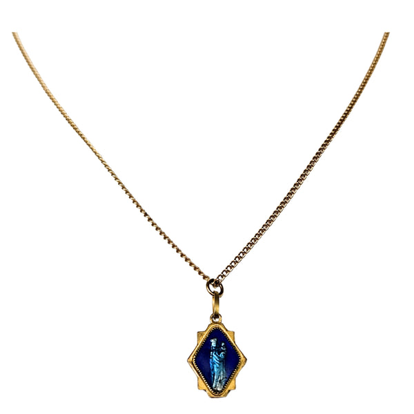 Gold-tone chain necklace with blue Virgin Mary cameo style pendant