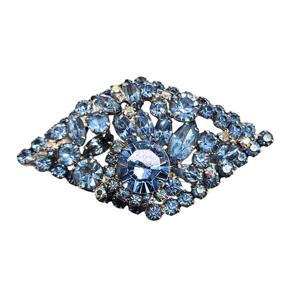 Vintage light blue rhinestone brooch/pendant with white accents, oval cluster