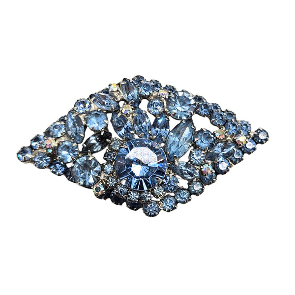 Vintage light blue rhinestone brooch/pendant with white accents, oval cluster