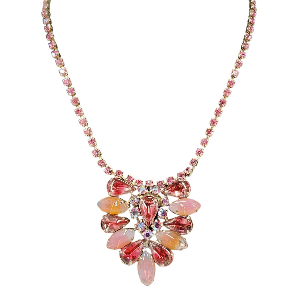 Pink rhinestone choker necklace with faceted drop flower pendant