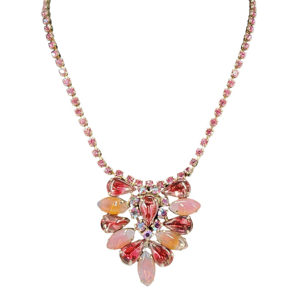 Pink rhinestone choker necklace with faceted drop flower pendant