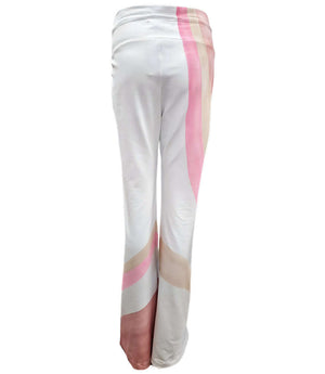 White flare sweatpants with pink and beige geometric panels, drawstring waistband.
