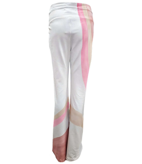 White flare sweatpants with pink and beige geometric panels, drawstring waistband.
