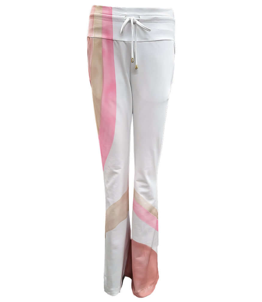White flare sweatpants with drawstring and pink/beige geometric side panels.