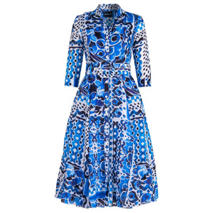Blue and white watercolor tile print midi dress, 3/4 sleeves, belted waist, collar