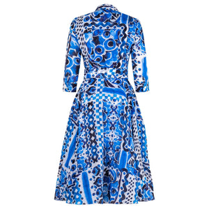 Blue and white watercolor tile print midi dress, 3/4 sleeves, belted back with pleats