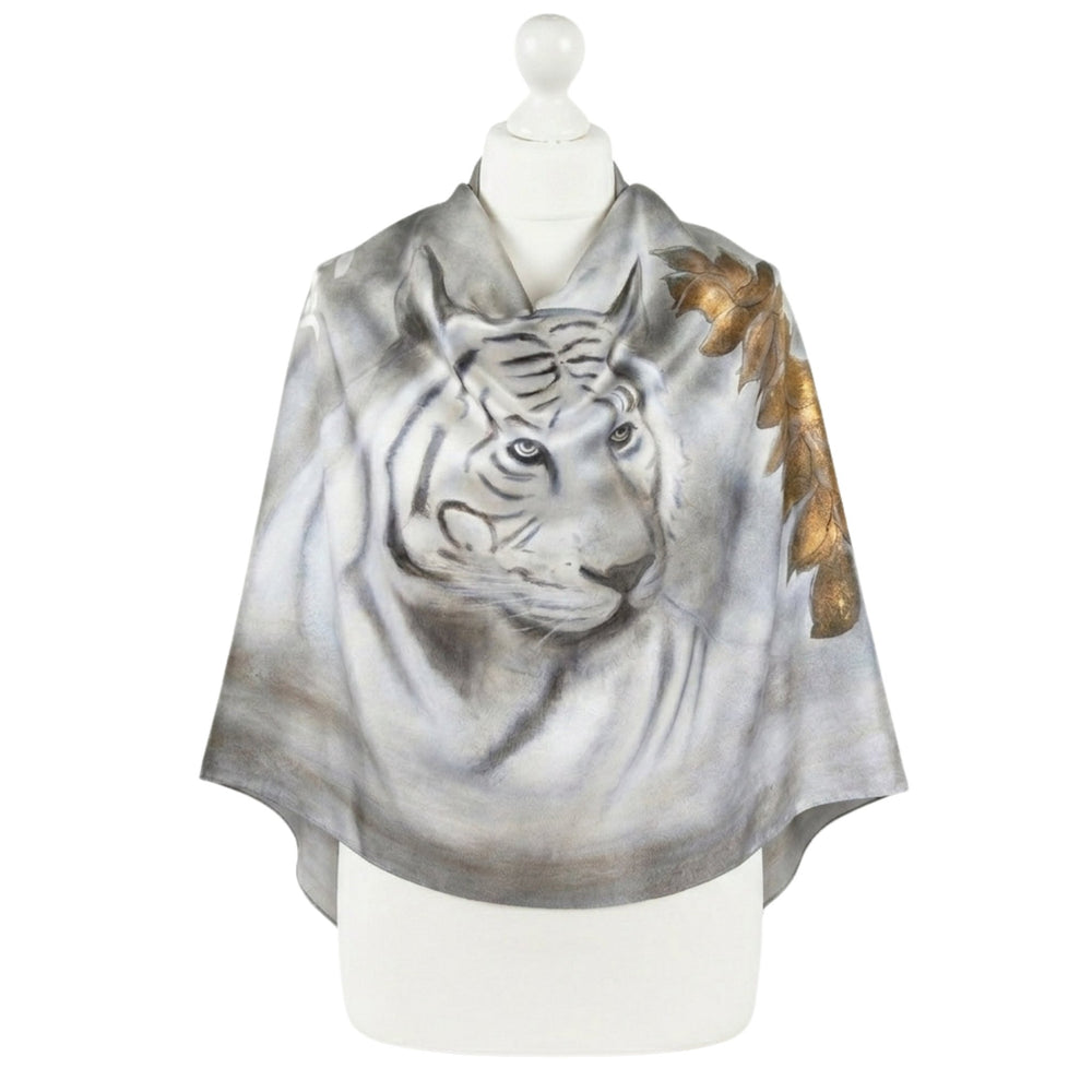 Silk scarf in grey with tiger face and gold leaves print