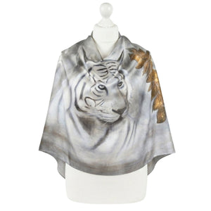 Grey-silver silk modal scarf with tiger face print and gold accents