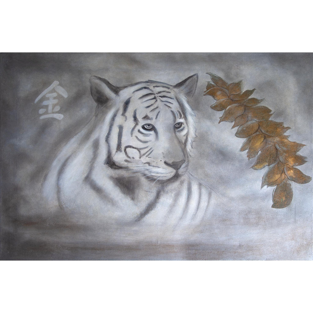 Silk scarf in grey with tiger face and gold leaves print