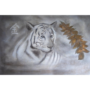 Silk scarf in grey with tiger face and gold leaves print