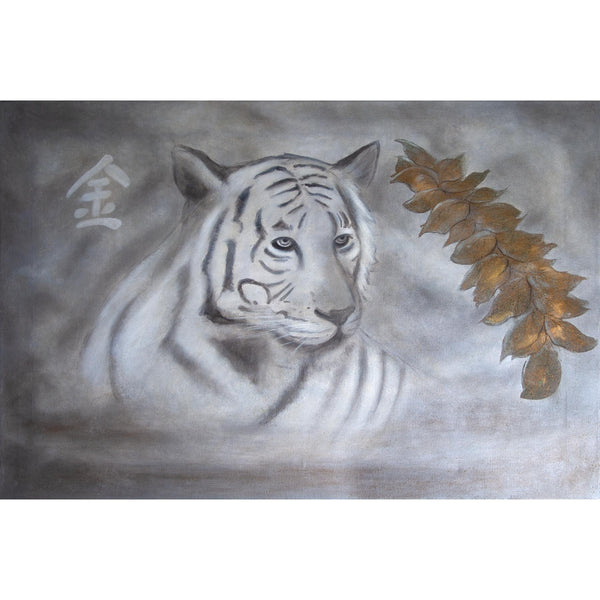 Silk scarf in grey with tiger face and gold leaves print