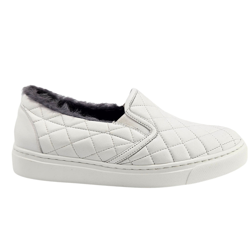 White quilted leather slip-on sneaker with dark shearling-lined collar and rubber sole