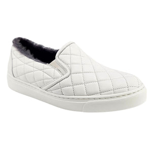 White quilted leather slip-on sneaker, dark fuzzy shearling lining on open collar