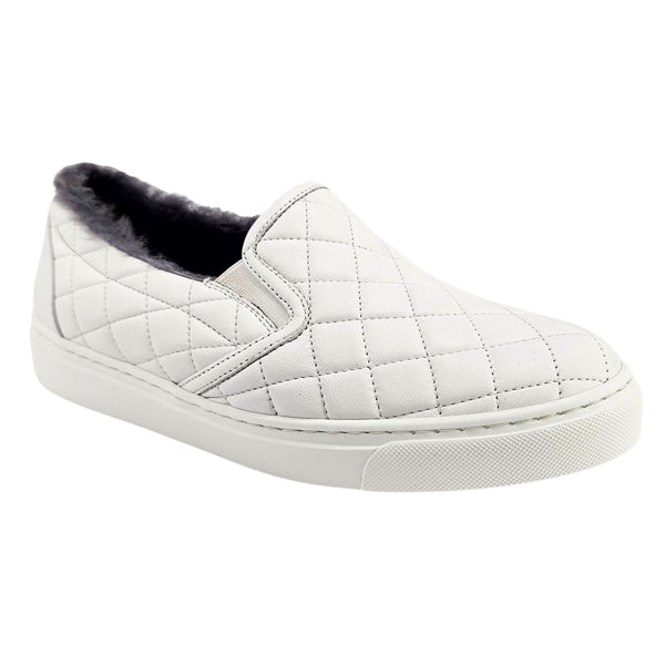 White quilted leather slip-on sneaker, dark fuzzy shearling lining on open collar