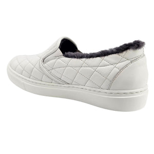 White quilted leather slip-on sneaker, dark shearling lining at heel opening