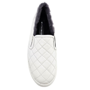 White quilted leather slip-on sneaker with dark shearling lining and open slip entry