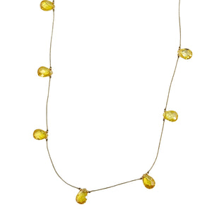Yellow teardrop faceted gemstone station necklace on thin chain, featuring linked drop settings