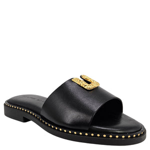 Black leather slide sandal with open toe, gold buckle, and studded edge trim