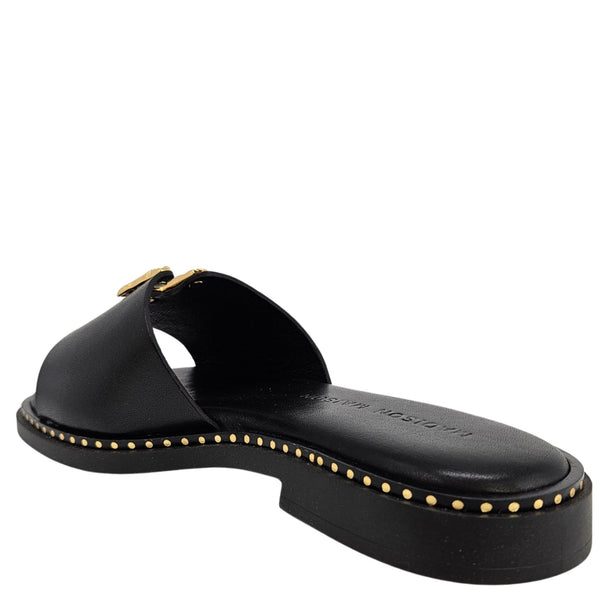 Black leather mule sandal with open toe and studded sole edge
