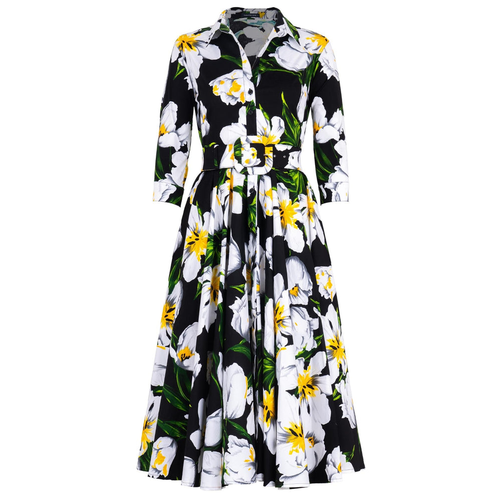 Floral midi dress with 3/4 sleeves, black background, yellow and white blooms, belt waist