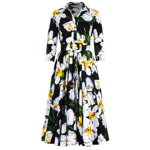 Floral midi dress with 3/4 sleeves, black background, yellow and white blooms, belt waist