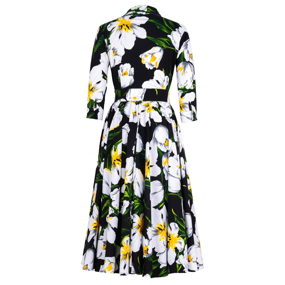 Floral midi dress with 3/4 sleeves, black background, yellow and white blooms, belt waist
