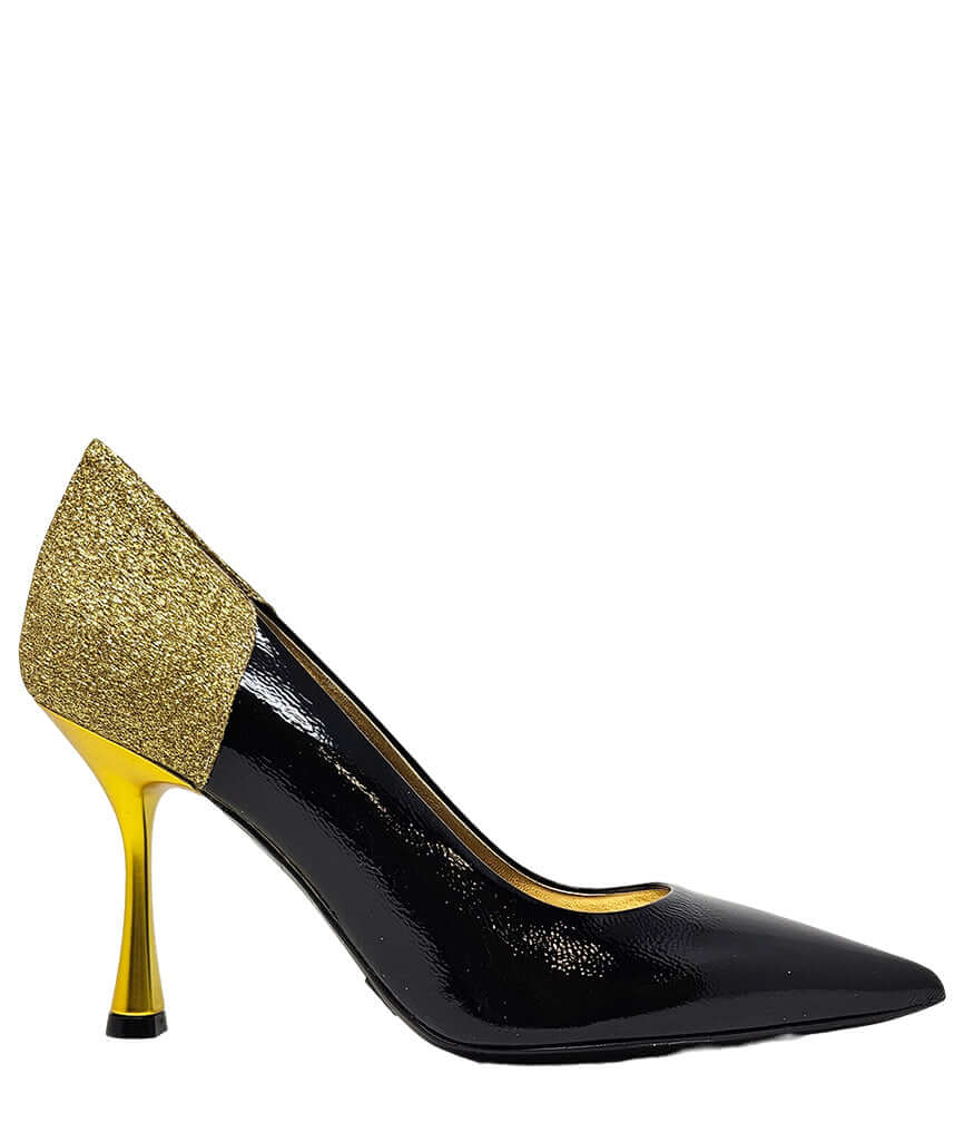 Black and gold glitter high-heel pump with pointed toe and glossy stiletto heel