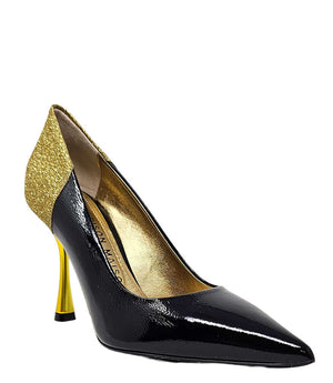 Black pointed-toe pump with gold insole, tall stiletto heel, and glitter collar