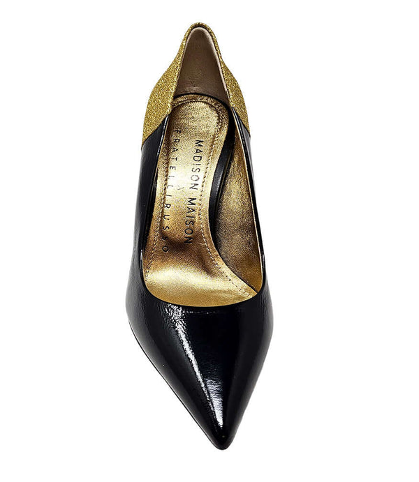 Black pointed patent pump with gold glitter heel collar and gold-lined interior