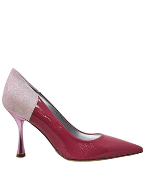Rose glitter pointed toe high heel pump with magenta patent upper and slim heel