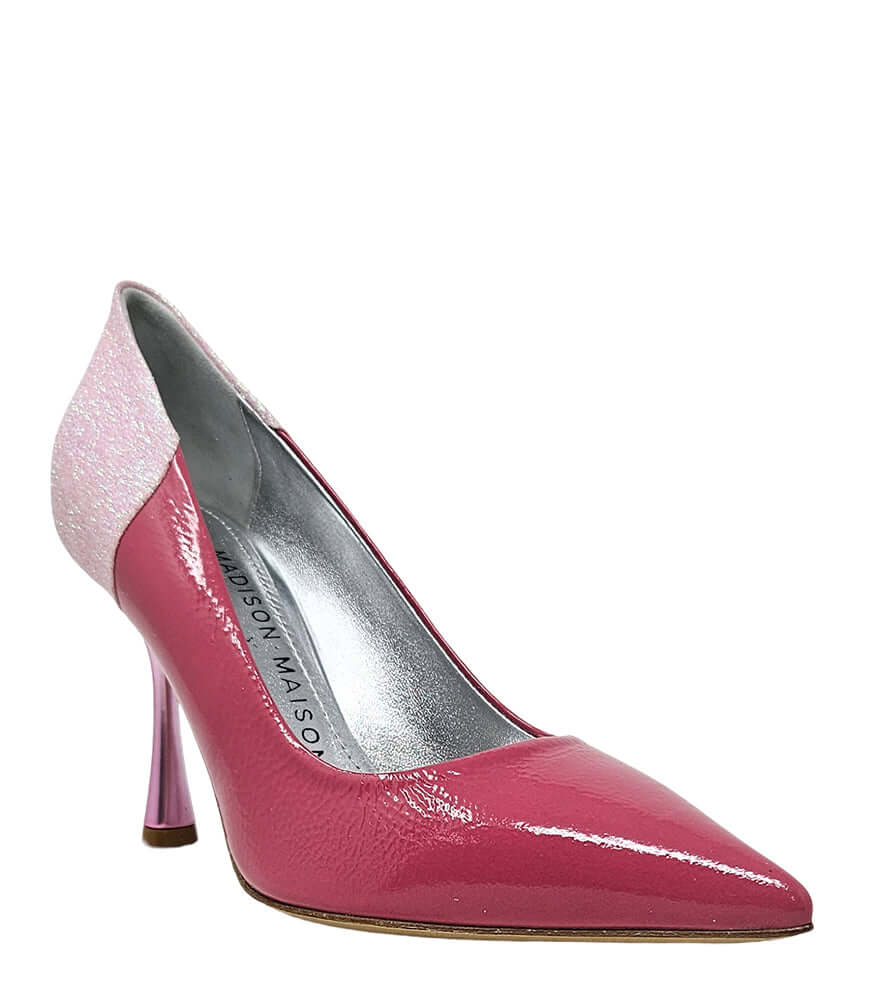Rose glitter pointed toe high heel pump with magenta patent upper and slim heel