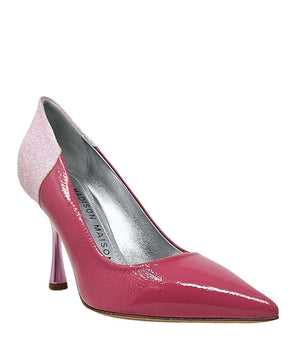 Rose glitter high heel pump with pointed toe, magenta patent upper, and thin heel