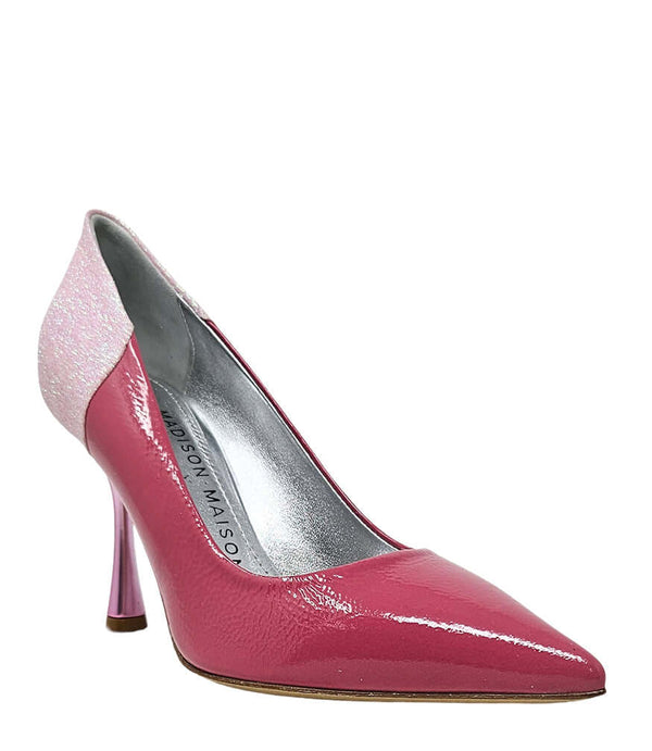 Rose glitter high heel pump with pointed toe, magenta patent upper, and thin heel
