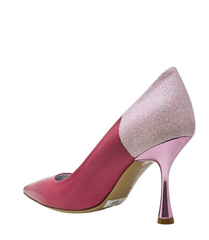 Two-tone pointed toe high heel pump with rose glitter collar and magenta patent body