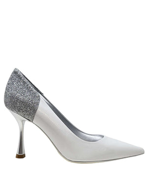 White and silver glitter high-heel pump with pointed toe and metallic stiletto heel