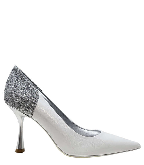 White and silver glitter high-heel pump with pointed toe and metallic stiletto heel