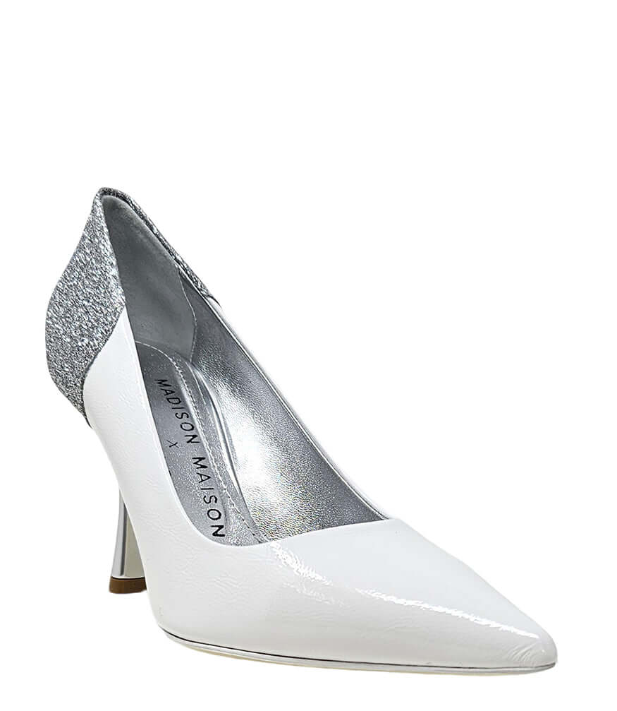 White and silver glitter high-heel pump with pointed toe and metallic stiletto heel
