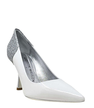 White patent high-heel pump with silver glitter collar, pointed toe, and metallic stiletto