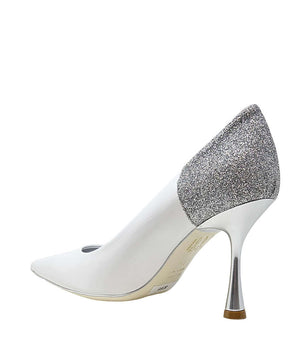 White patent high-heel pump with silver glitter heel counter and pointed toe