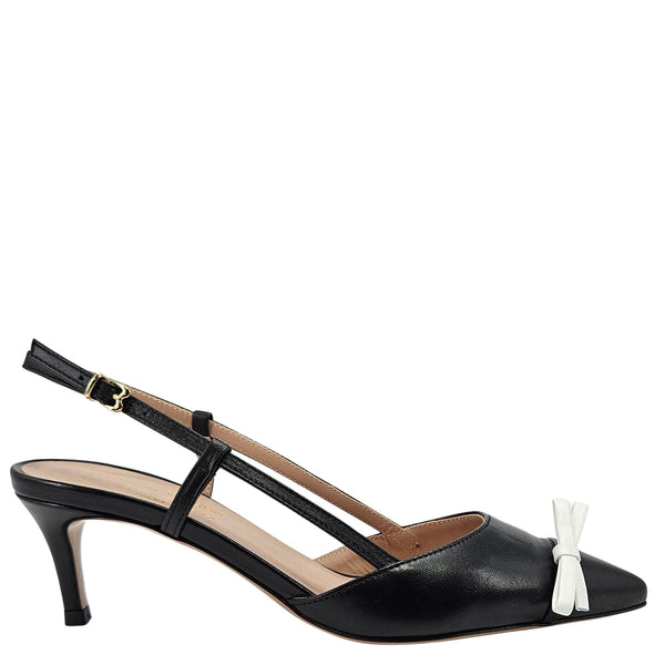 Black leather kitten heel slingback with T-strap and pointed toe