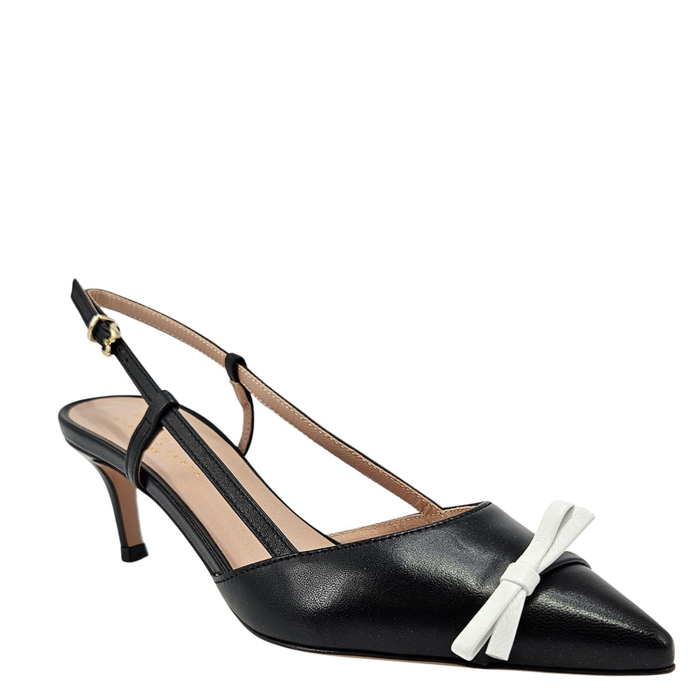 Black leather kitten heel slingback with T-strap and pointed toe
