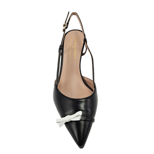 Black leather slingback with white bow detail, pointed toe, and slingback strap