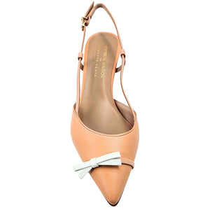 Light pink leather slingback kitten heel with bow at toe and pointed front