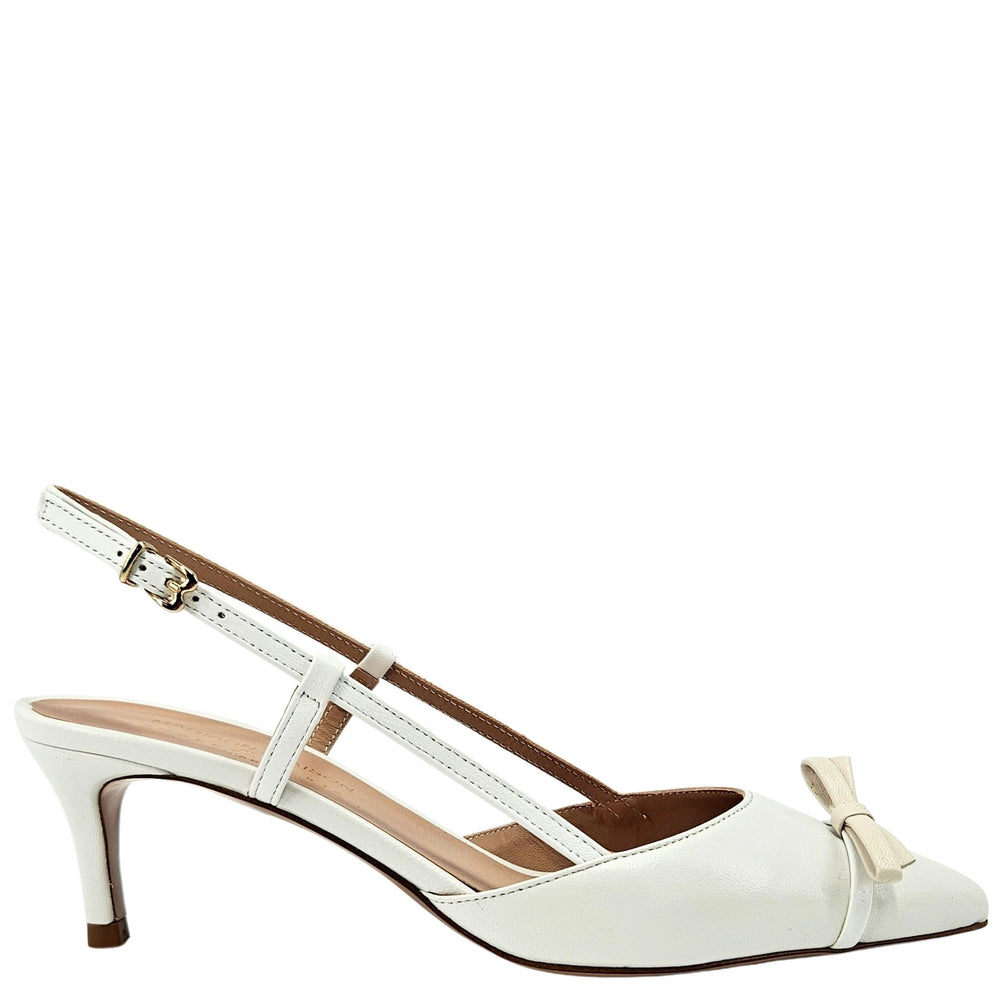 White leather kitten-heel slingback with buckle strap, bow toe and cutout sides