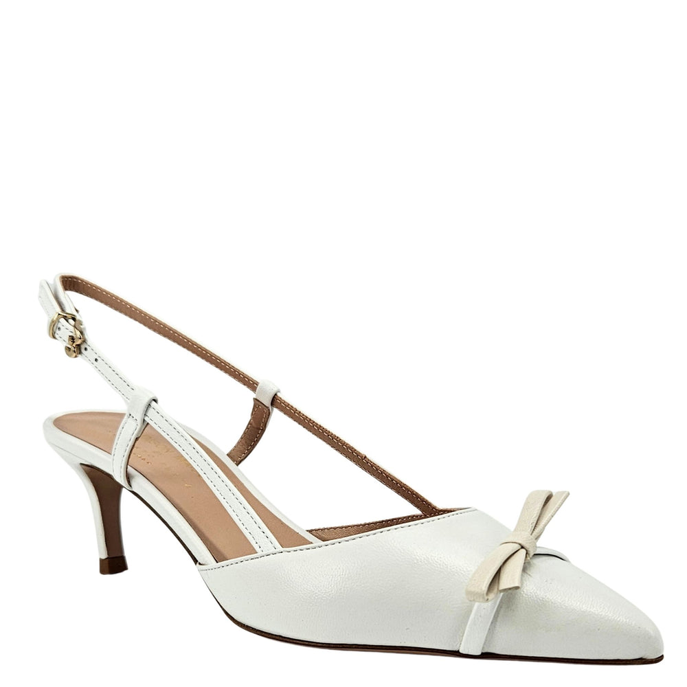 White leather kitten-heel slingback with buckle strap, bow toe and cutout sides