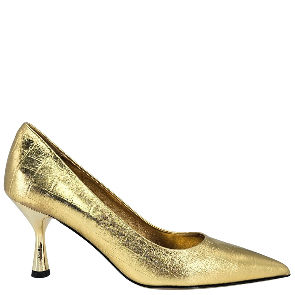 Gold leather moc-croc pump, pointed toe and stiletto heel