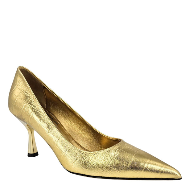 Gold leather moc-croc pointed-toe pump with slim stiletto heel