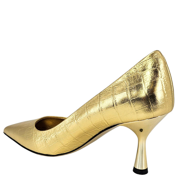 Gold leather moc-croc pump viewed from the side, pointed toe and stiletto heel