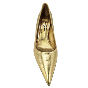 Gold leather moc-croc pump with pointed toe and high stiletto heel, insole view